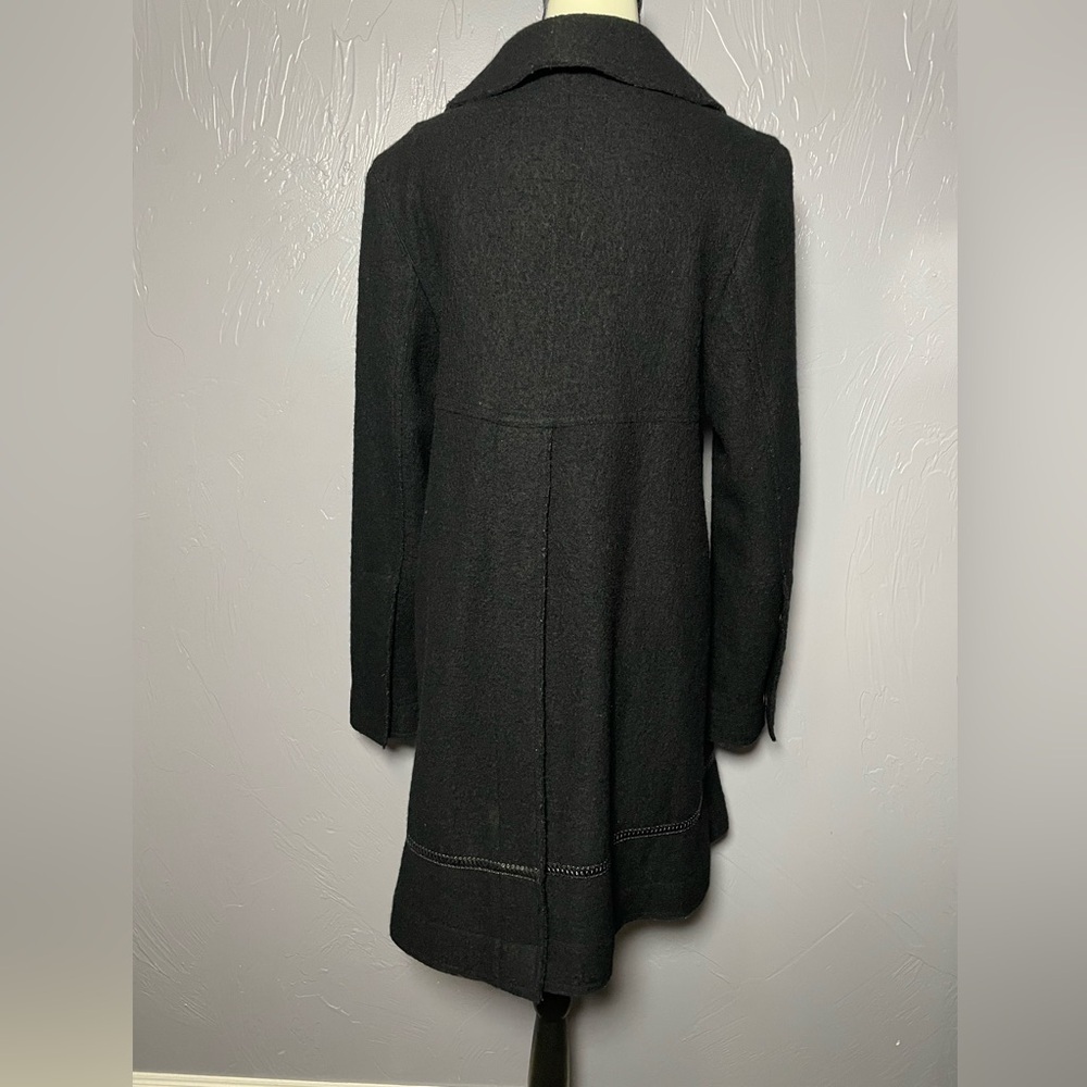 Hilary Radley 100% Boiled Wool A Line Pea Coat with Leather Trim Detail Black - Picture 9 of 12